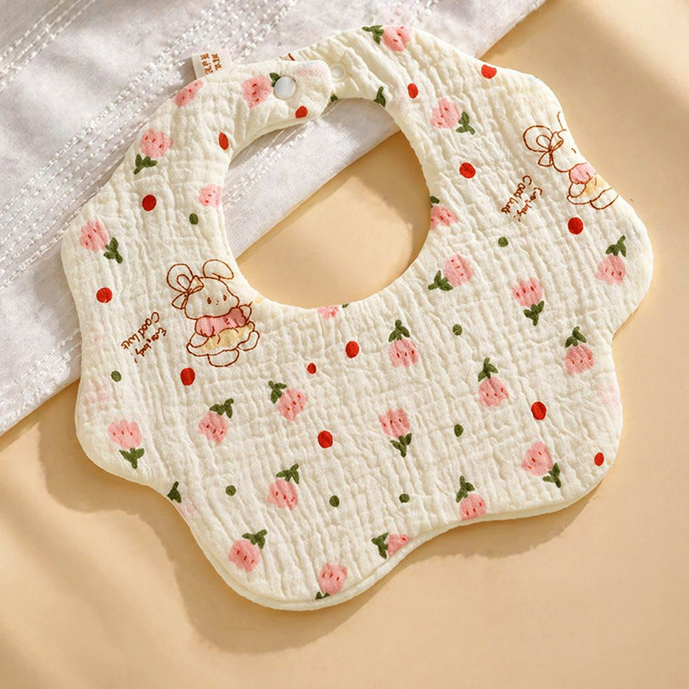 2PCS Bow & Bunny Print Petal Style Muslin Bibs Set with Bow Hair band, Muslin Adjustable Button Closure & Wide Shoulder Size Bibs
