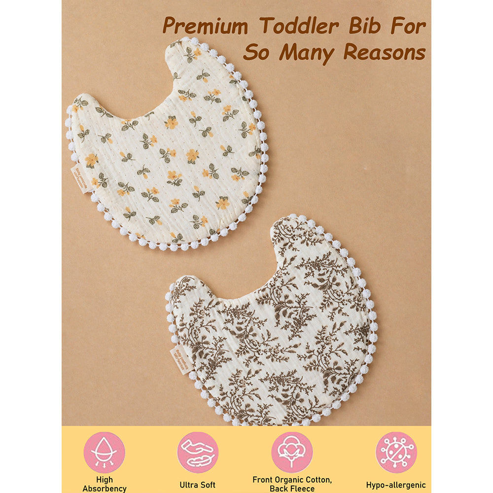2PCS Set Floral Soft Muslin Adjustable Lace Tie-Up Bibs with Matching Bow Hair Band