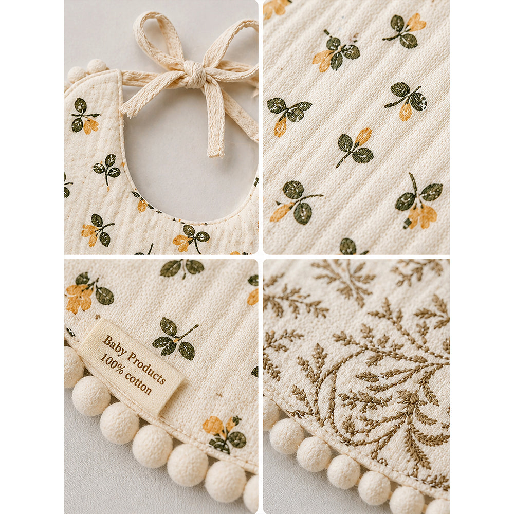 2PCS Set Floral Soft Muslin Adjustable Lace Tie-Up Bibs with Matching Bow Hair Band