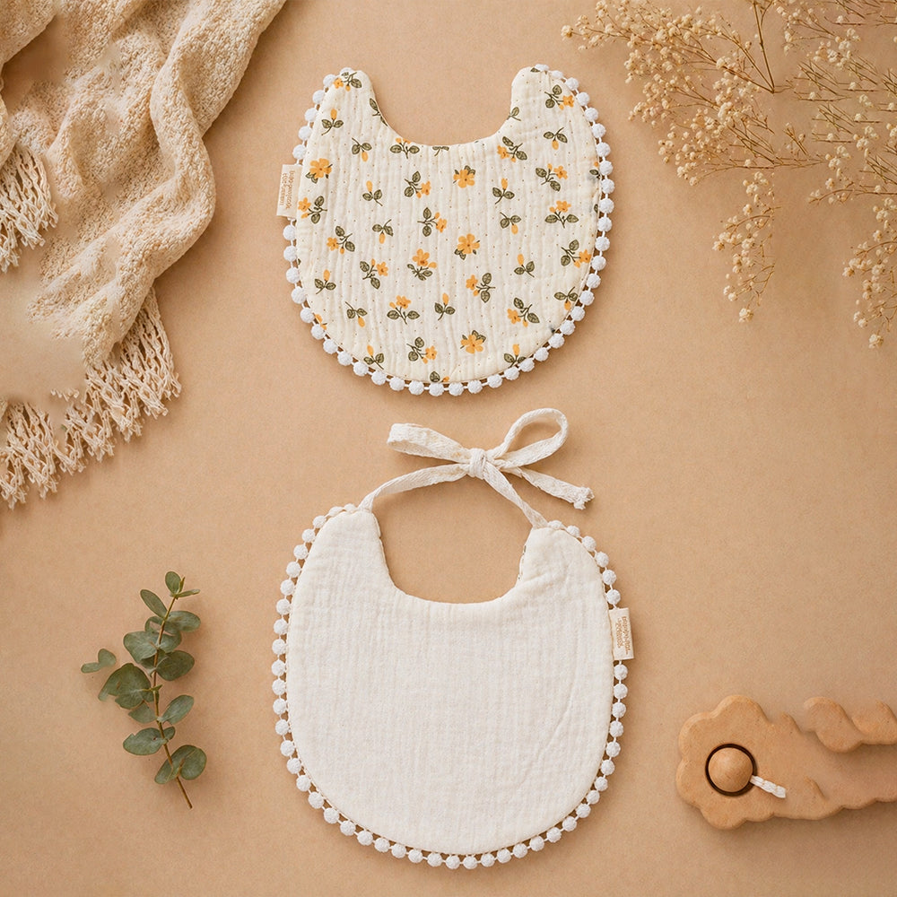 2PCS Set Floral Soft Muslin Adjustable Lace Tie-Up Bibs with Matching Bow Hair Band