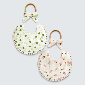 2pcs set Green Pink soft Adjustable Lace Tie up Bibs with Matching Bow Hair Band