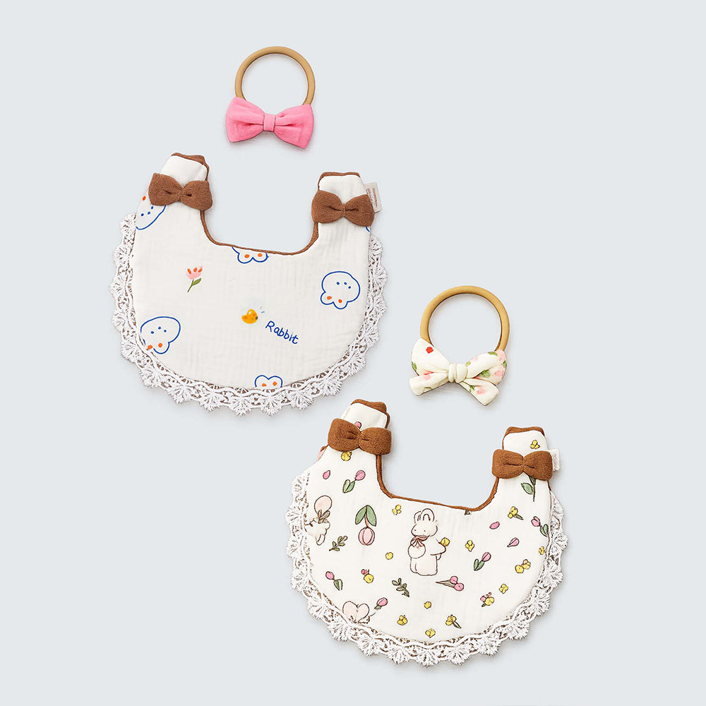 2PCS Set Rabbit Print Soft Muslin Adjustable Button Closure Bibs with Matching Bow Hair Band