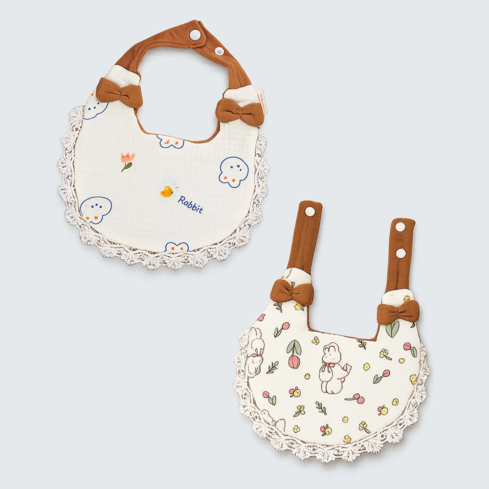 2PCS Set Rabbit Print Soft Muslin Adjustable Button Closure Bibs with Matching Bow Hair Band