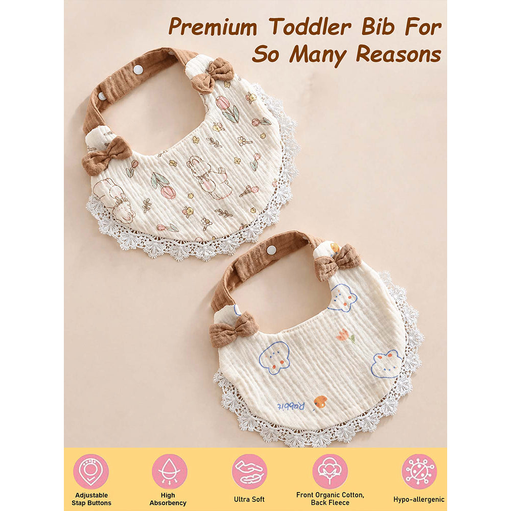 2PCS Set Rabbit Print Soft Muslin Adjustable Button Closure Bibs with Matching Bow Hair Band