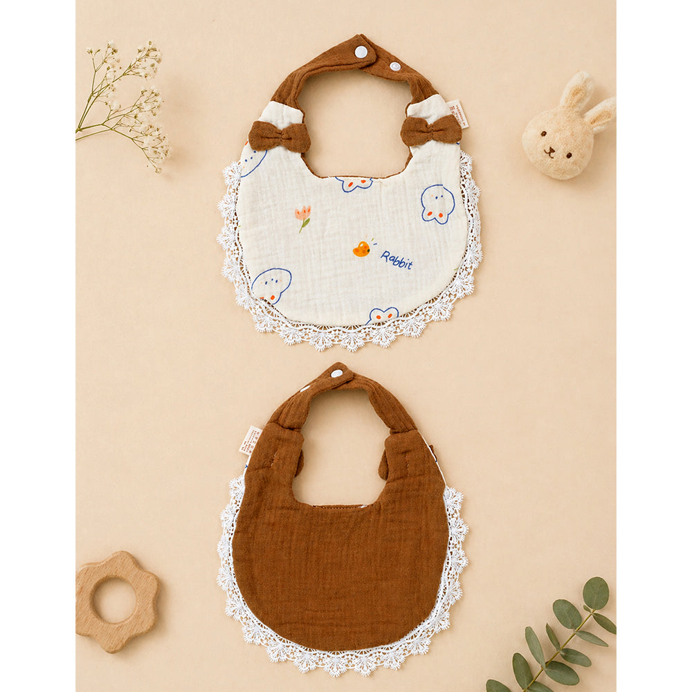 2PCS Set Rabbit Print Soft Muslin Adjustable Button Closure Bibs with Matching Bow Hair Band