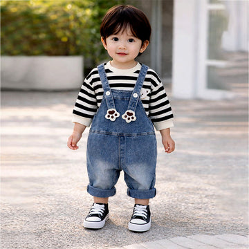 Black Mad Ted Dungaree with Stripes T-shirt, 2 Pcs Clothing Set For Toddlers And Kids