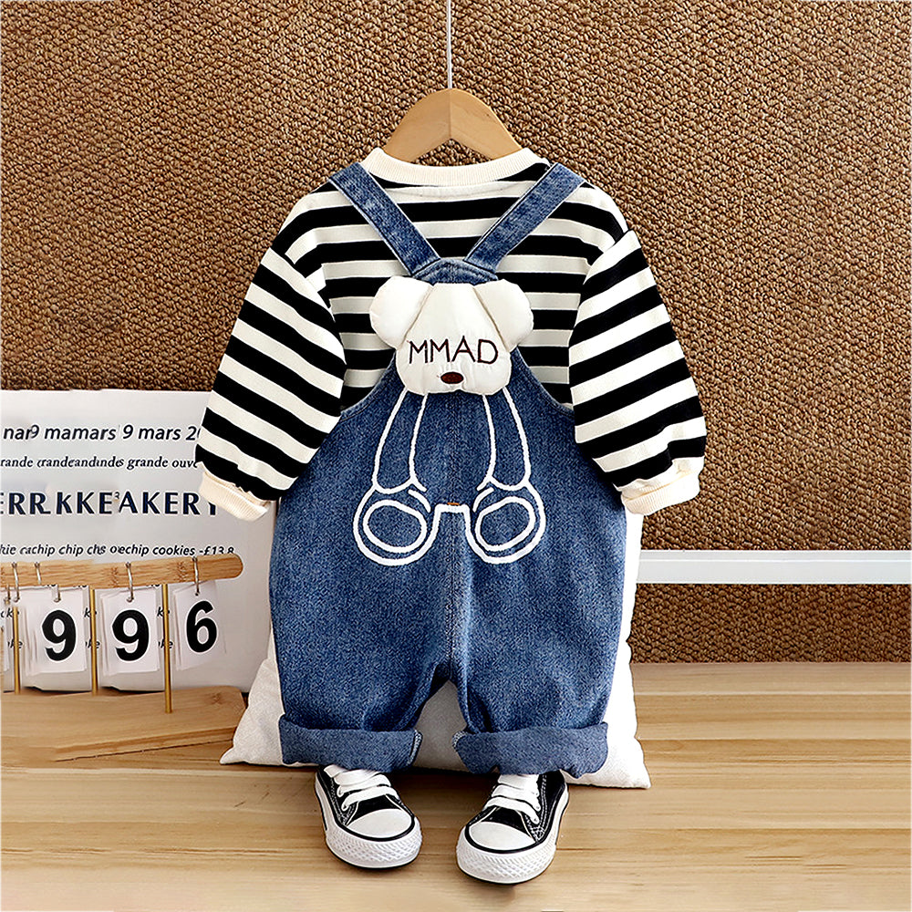 Black Mad Ted Dungaree with Stripes T-shirt, 2 Pcs Clothing Set For Toddlers And Kids