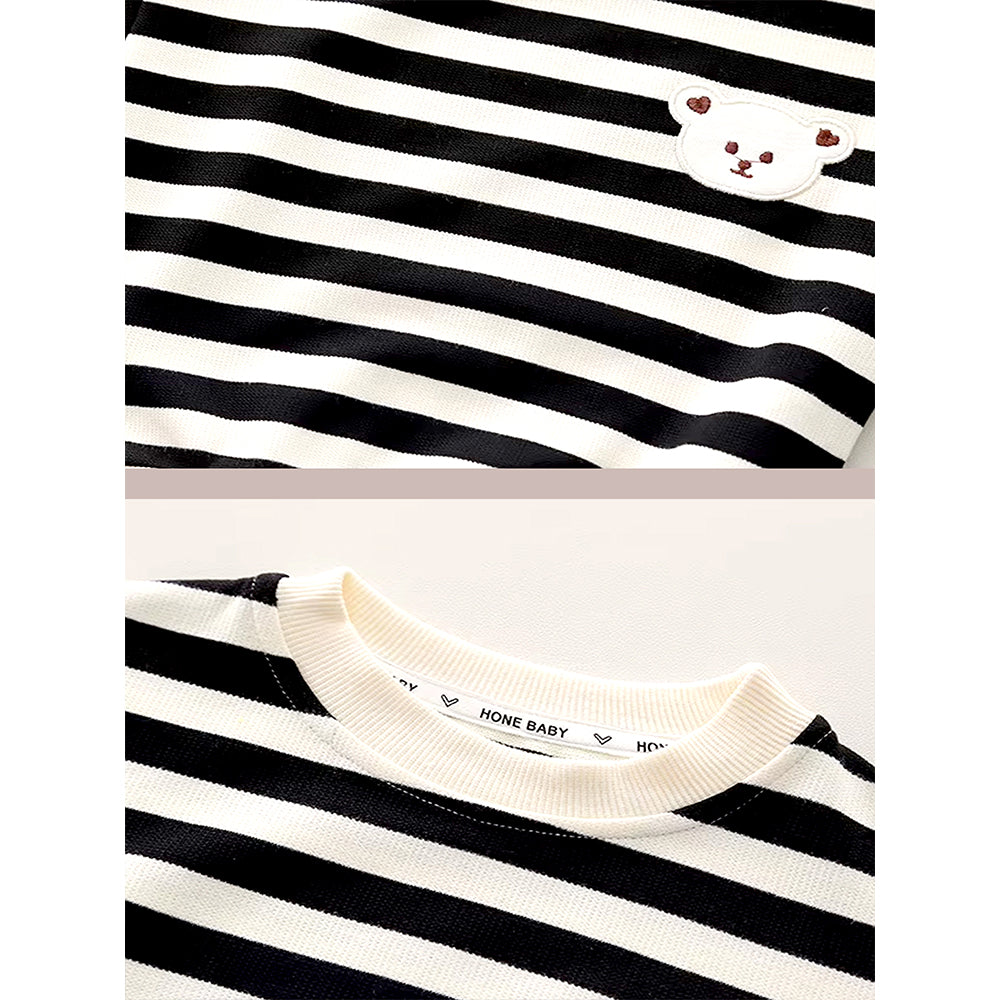 Black Mad Ted Dungaree with Stripes T-shirt, 2 Pcs Clothing Set For Toddlers And Kids