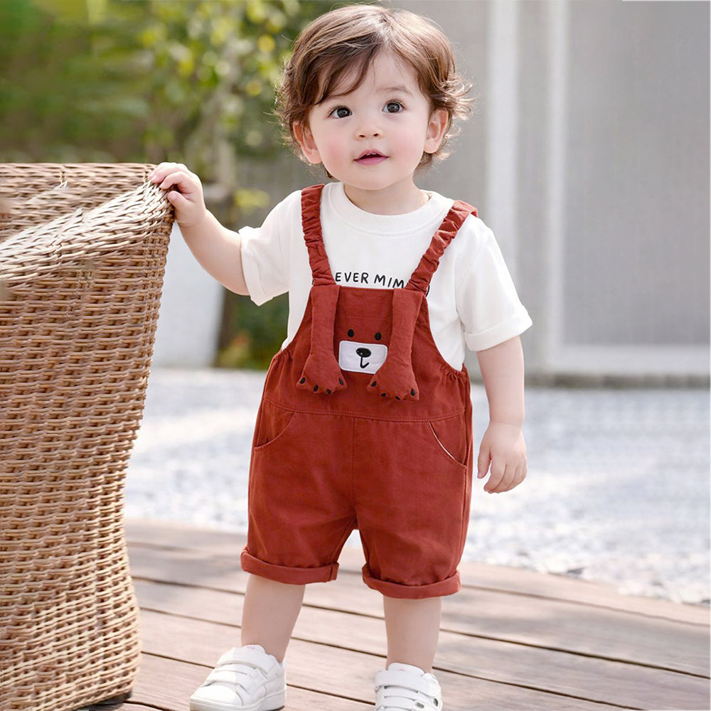 3D Brown Bear Hanging Legs Dungaree with Tshirt, 2pcs set for Toddlers & Kids