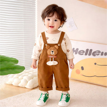 Cream Baseball Bear Dungaree with tshirt, 2 Pcs Clothing Set For Toddlers And Kids