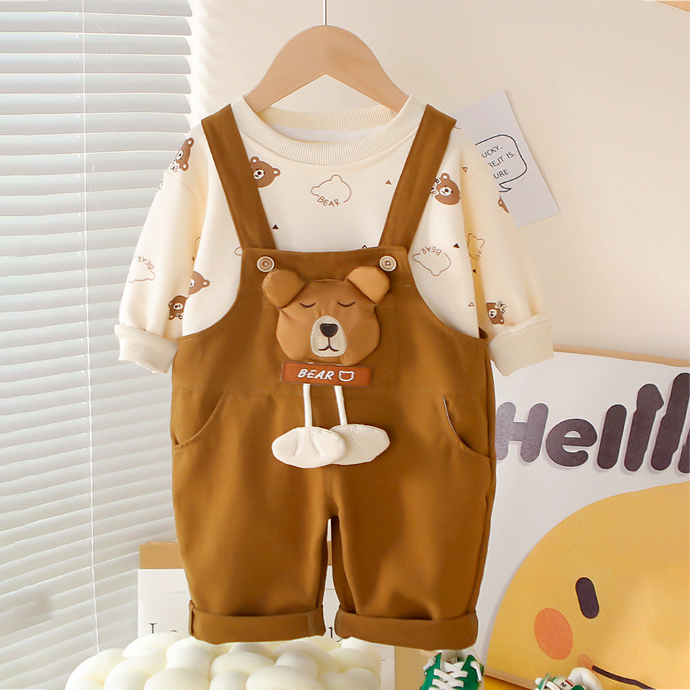 Cream Baseball Bear Dungaree with tshirt, 2 Pcs Clothing Set For Toddlers And Kids