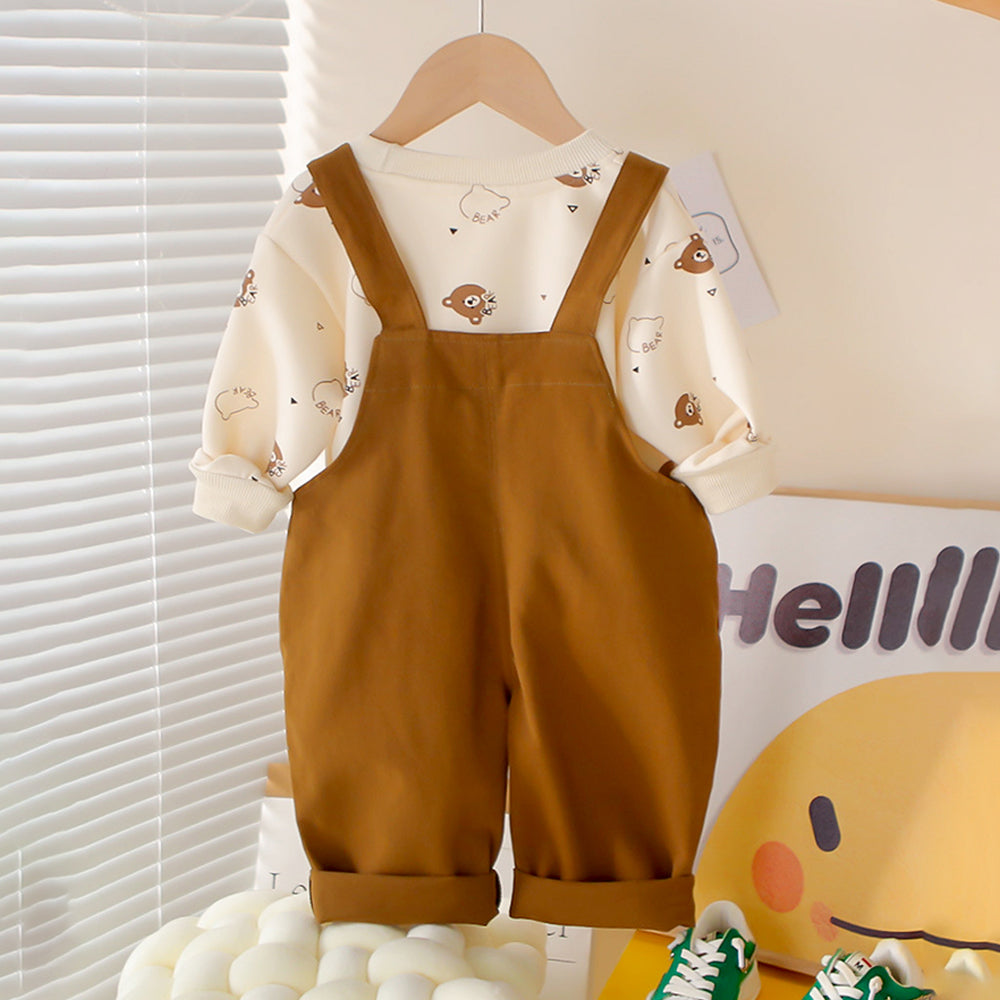 Cream Baseball Bear Dungaree with tshirt, 2 Pcs Clothing Set For Toddlers And Kids