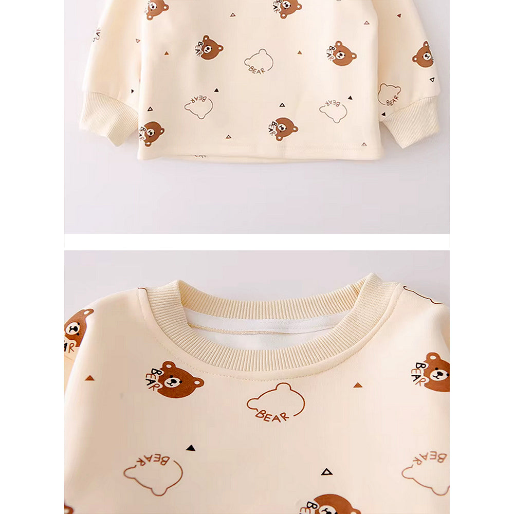 Cream Baseball Bear Dungaree with tshirt, 2 Pcs Clothing Set For Toddlers And Kids
