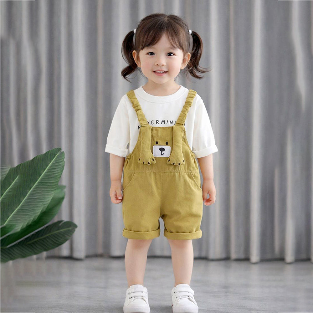 3D Green Bear Hanging Legs Dungaree with Tshirt, 2pcs set for Toddlers & Kids