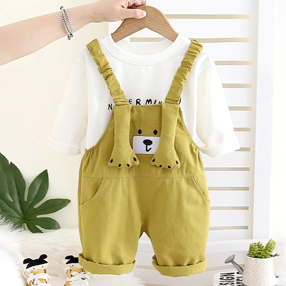 3D Green Bear Hanging Legs Dungaree with Tshirt, 2pcs set for Toddlers & Kids