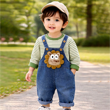 Spongy Lion Dungaree with Green Stripes T-shirt, 2 Pcs Clothing Set For Toddlers And Kids