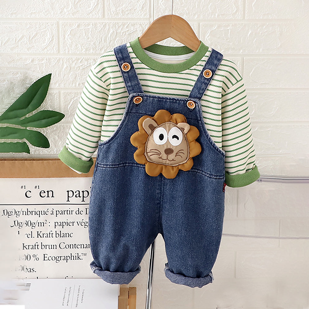 Spongy Lion Dungaree with Green Stripes T-shirt, 2 Pcs Clothing Set For Toddlers And Kids