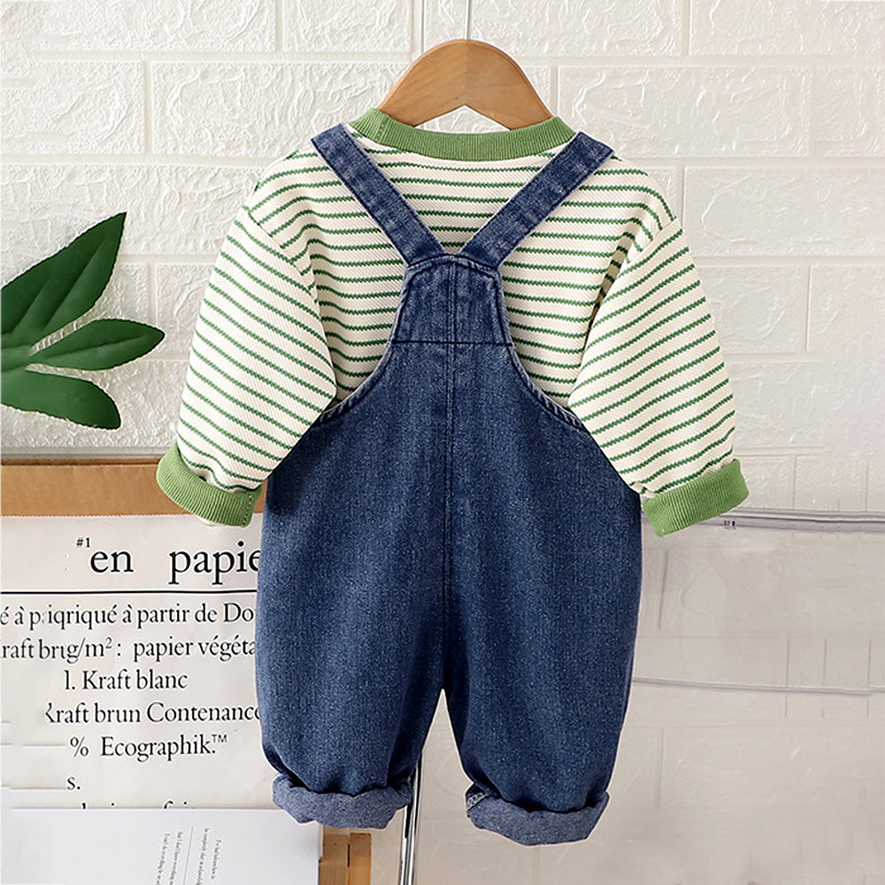Spongy Lion Dungaree with Green Stripes T-shirt, 2 Pcs Clothing Set For Toddlers And Kids