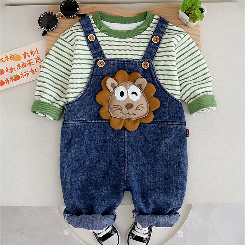 Spongy Lion Dungaree with Green Stripes T-shirt, 2 Pcs Clothing Set For Toddlers And Kids