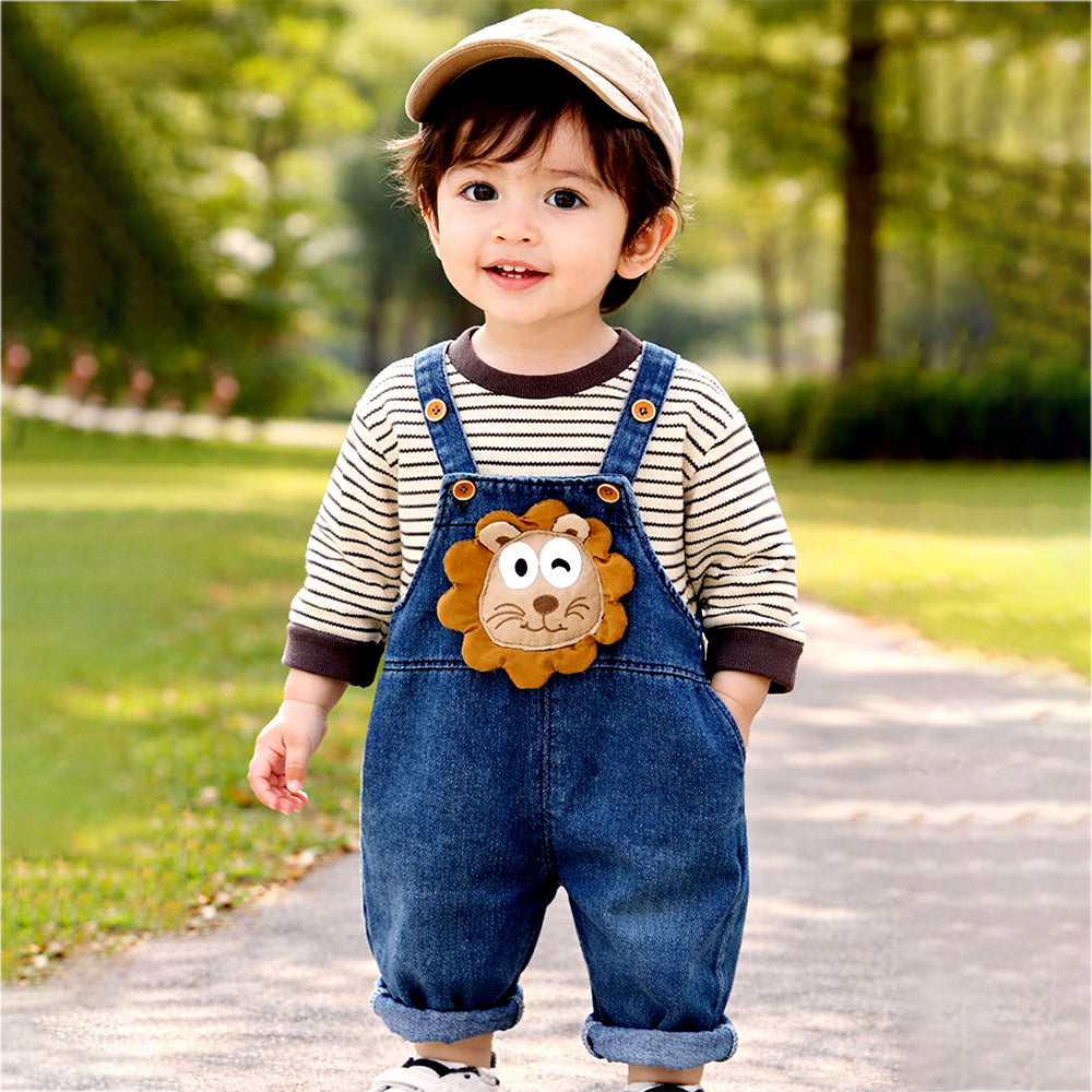 Spongy Lion Dungaree with Grey Stripes T-shirt, 2 Pcs Clothing Set For Toddlers And Kids