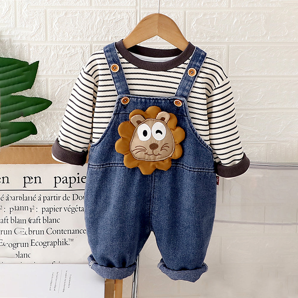 Spongy Lion Dungaree with Grey Stripes T-shirt, 2 Pcs Clothing Set For Toddlers And Kids