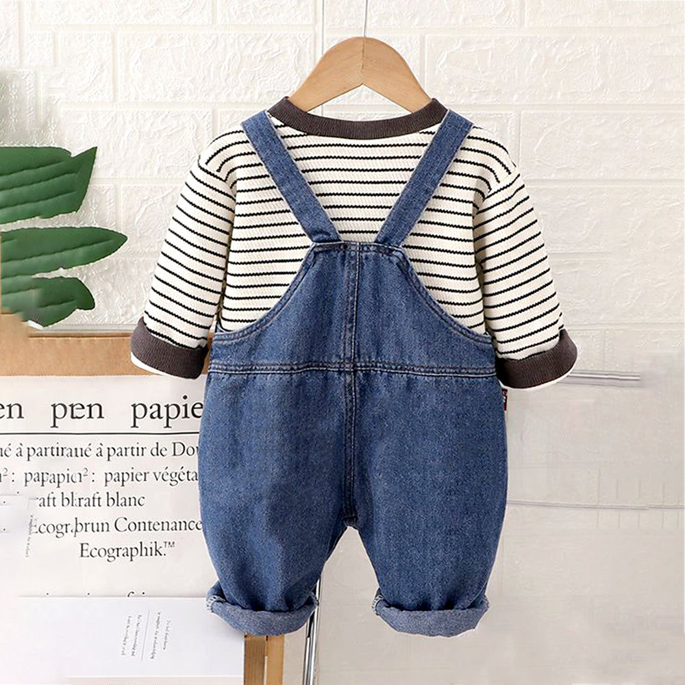 Spongy Lion Dungaree with Grey Stripes T-shirt, 2 Pcs Clothing Set For Toddlers And Kids