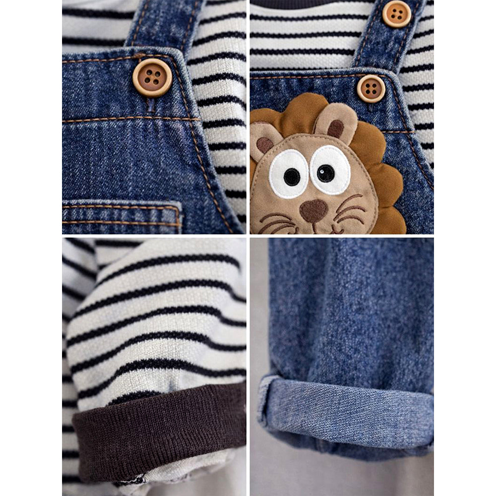 Spongy Lion Dungaree with Grey Stripes T-shirt, 2 Pcs Clothing Set For Toddlers And Kids