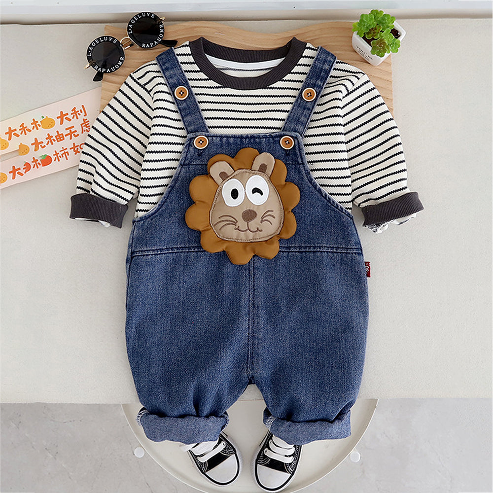 Spongy Lion Dungaree with Grey Stripes T-shirt, 2 Pcs Clothing Set For Toddlers And Kids