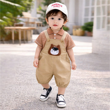 Brown stripes tee with Khakhi Bear Dungaree, 2 Pcs Clothing Set For Toddlers And Kids