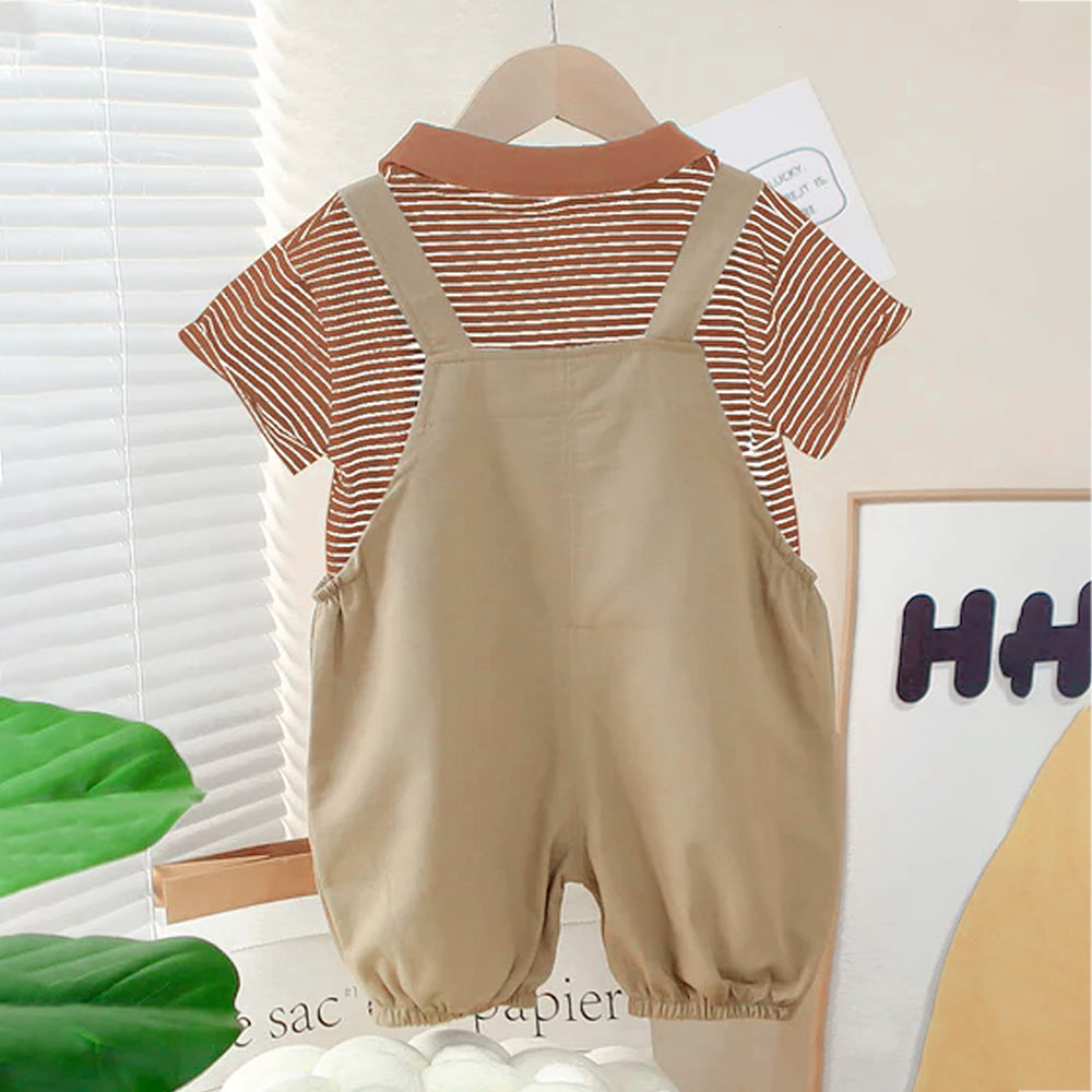 Brown stripes tee with Khakhi Bear Dungaree, 2 Pcs Clothing Set For Toddlers And Kids
