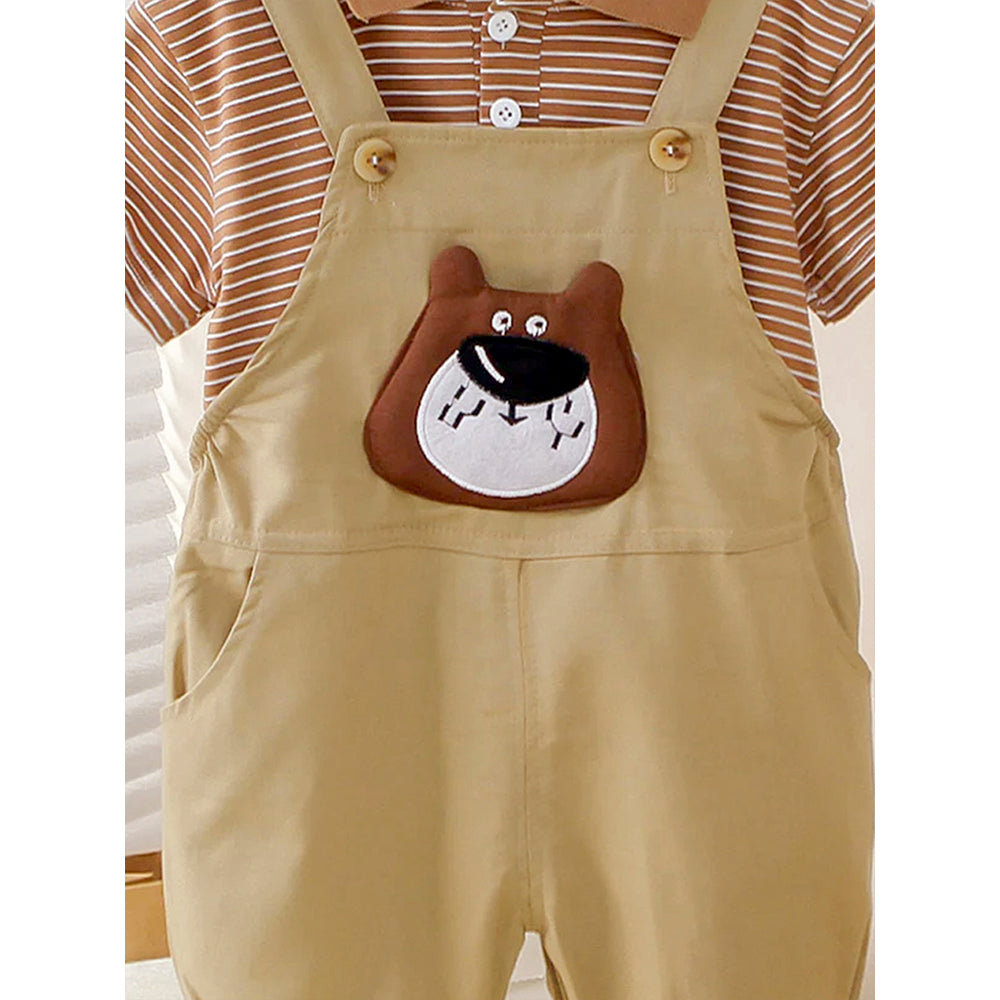 Brown stripes tee with Khakhi Bear Dungaree, 2 Pcs Clothing Set For Toddlers And Kids
