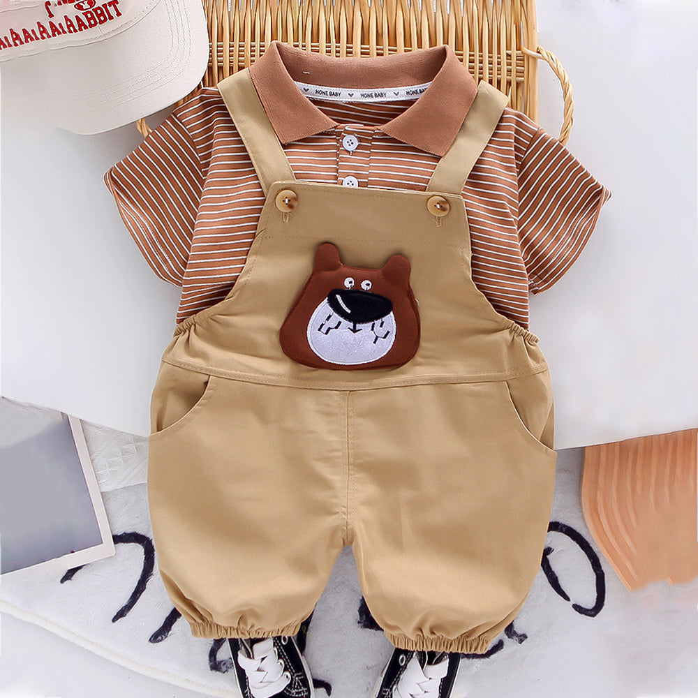 Brown stripes tee with Khakhi Bear Dungaree, 2 Pcs Clothing Set For Toddlers And Kids