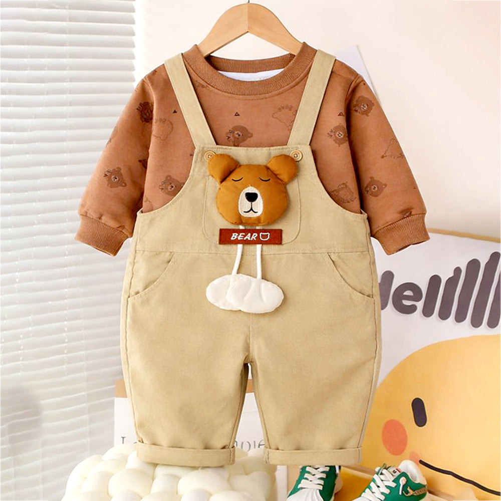 Khakhi Baseball Bear Dungaree with tshirt, 2 Pcs Clothing Set For Toddlers And Kids