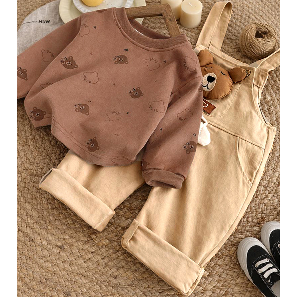 Khakhi Baseball Bear Dungaree with tshirt, 2 Pcs Clothing Set For Toddlers And Kids