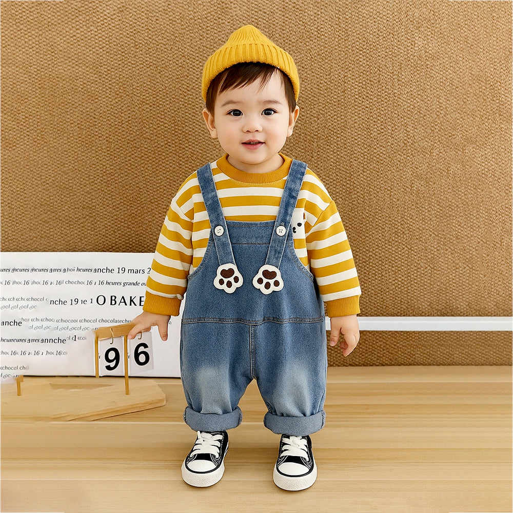 Mustard MadTed Dungaree with Stripes T-shirt, 2 Pcs Clothing Set For Toddlers And Kids