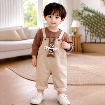 Olive Brown 3D Animal Dungaree with Brown T-shirt, 2 Pcs Clothing Set For Toddlers And Kids