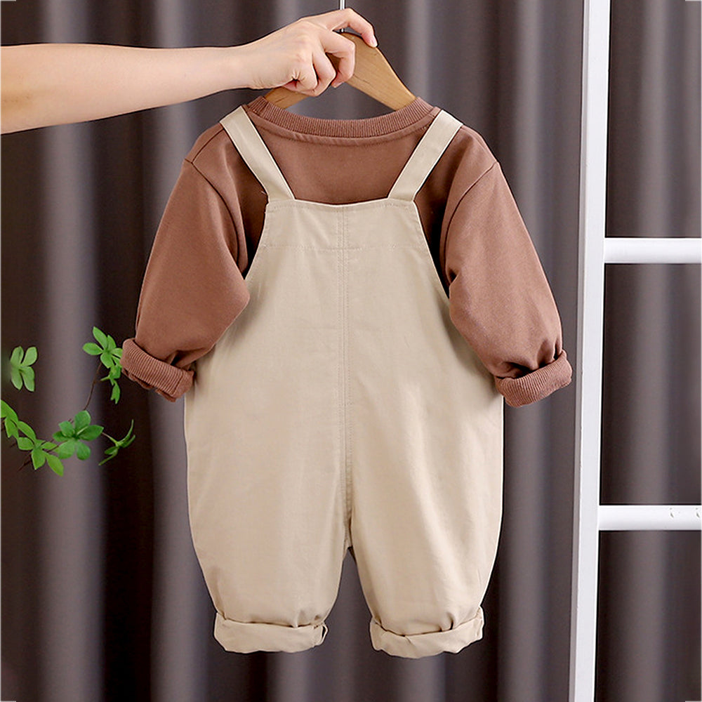 Olive Brown 3D Animal Dungaree with Brown T-shirt, 2 Pcs Clothing Set For Toddlers And Kids