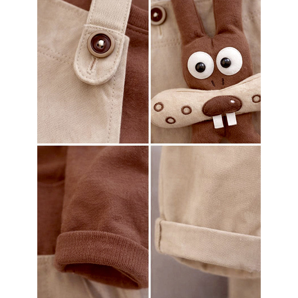 Olive Brown 3D Animal Dungaree with Brown T-shirt, 2 Pcs Clothing Set For Toddlers And Kids