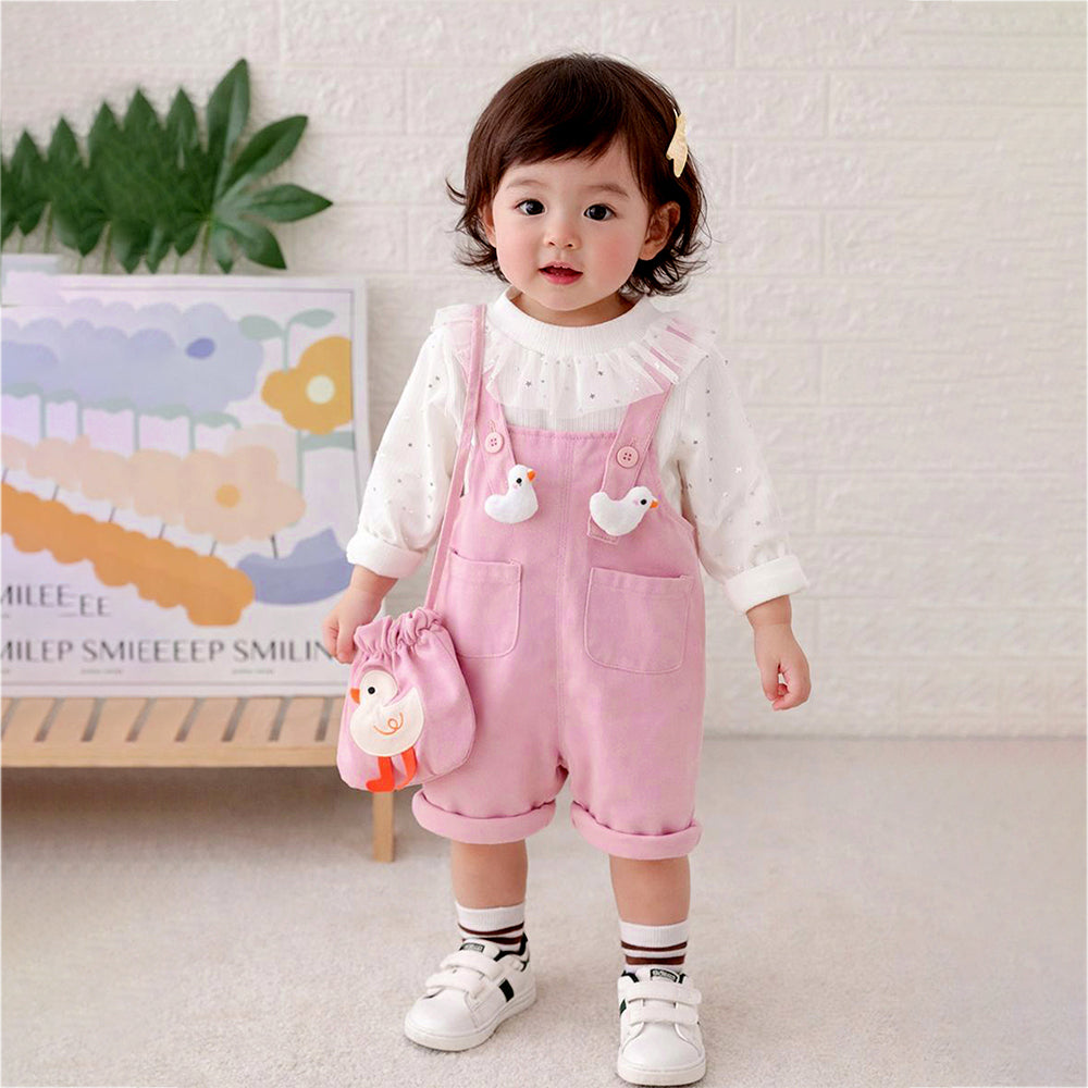 Pastel Pink Duck Dungaree with Frill T-shirt and matching sling bag, 2Pcs Clothing Set For Toddlers And Kids