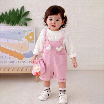 Pastel Pink Duck Dungaree with Frill T-shirt and matching sling bag, 2Pcs Clothing Set For Toddlers And Kids