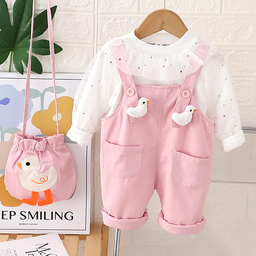 Pastel Pink Duck Dungaree with Frill T-shirt and matching sling bag, 2Pcs Clothing Set For Toddlers And Kids