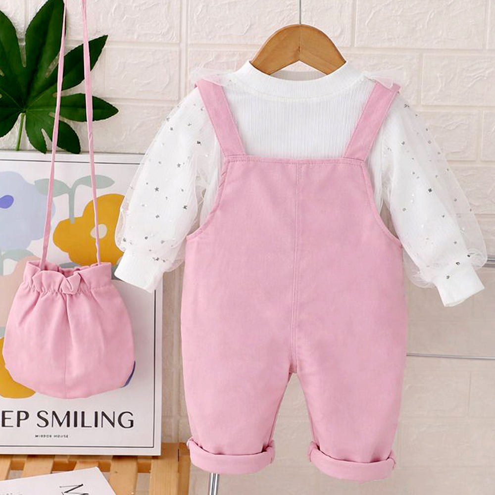 Pastel Pink Duck Dungaree with Frill T-shirt and matching sling bag, 2Pcs Clothing Set For Toddlers And Kids