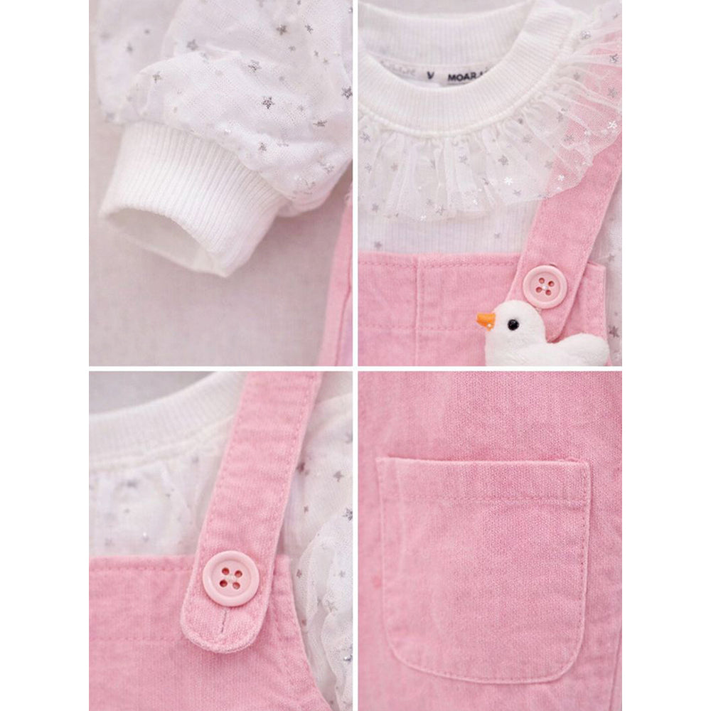 Pastel Pink Duck Dungaree with Frill T-shirt and matching sling bag, 2Pcs Clothing Set For Toddlers And Kids