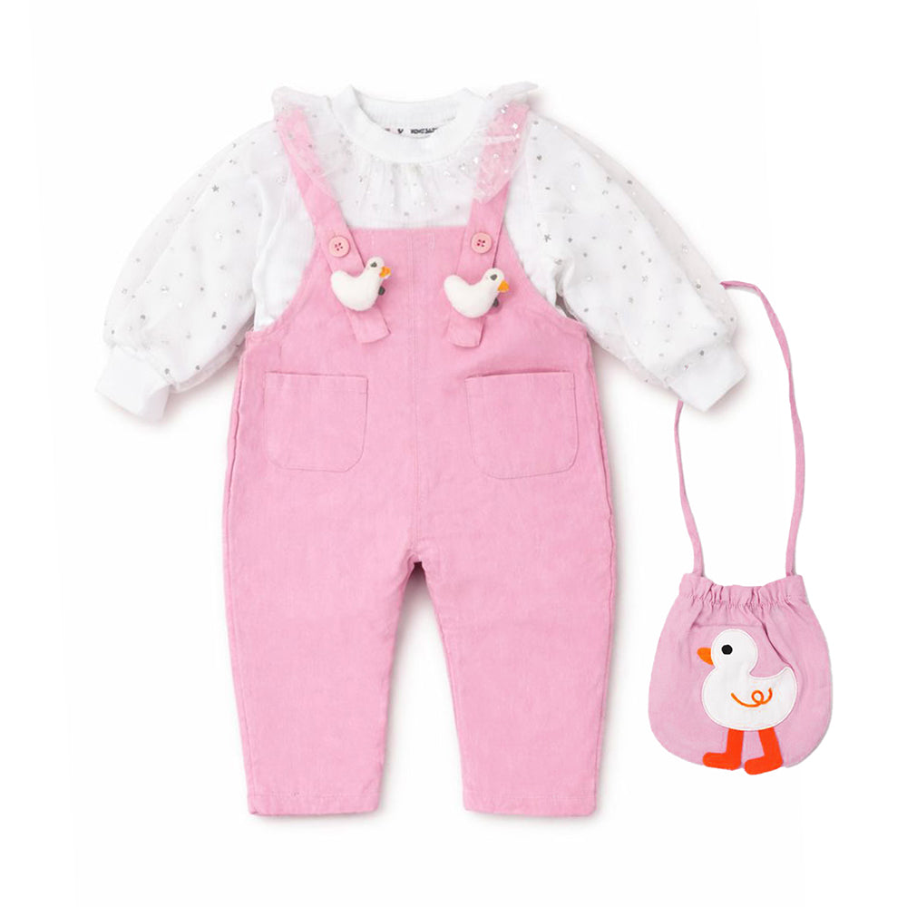 Pastel Pink Duck Dungaree with Frill T-shirt and matching sling bag, 2Pcs Clothing Set For Toddlers And Kids
