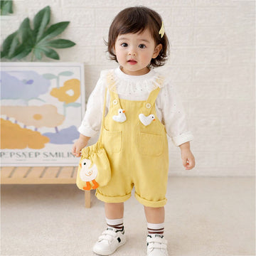 Yellow Duck Dungaree with White Frill T-shirt, 2 Pcs Clothing Set For Toddlers And Kids