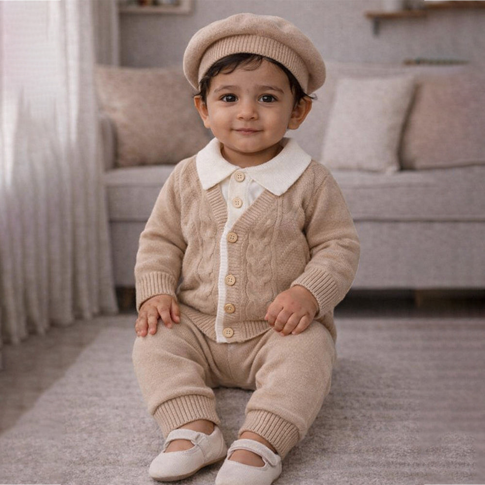 2 Pcs Beige Cream Collar Winter Cardigan & Pants set with Beret-Style Cap for Infants