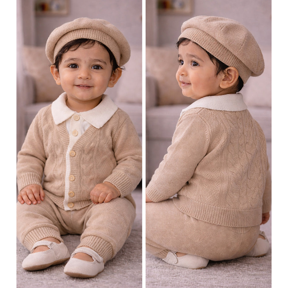 2 Pcs Beige Cream Collar Winter Cardigan & Pants set with Beret-Style Cap for Infants