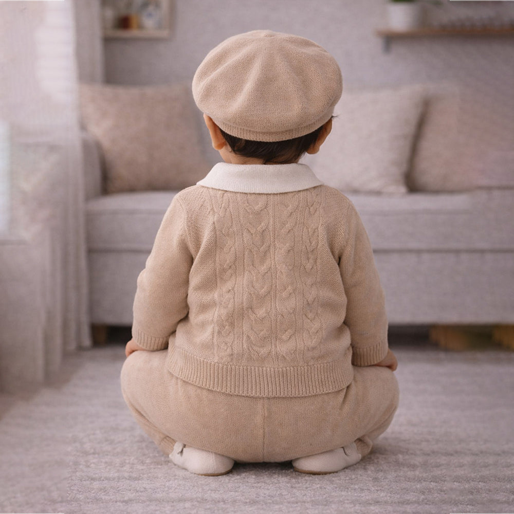 2 Pcs Beige Cream Collar Winter Cardigan & Pants set with Beret-Style Cap for Infants