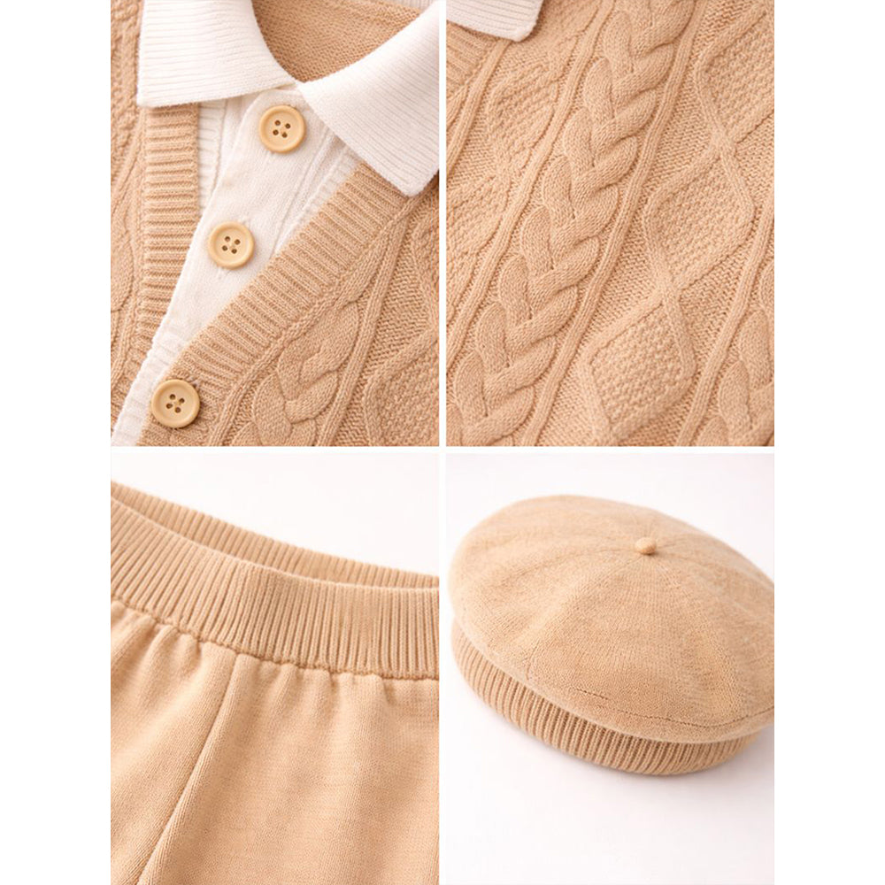 2 Pcs Beige Cream Collar Winter Cardigan & Pants set with Beret-Style Cap for Infants