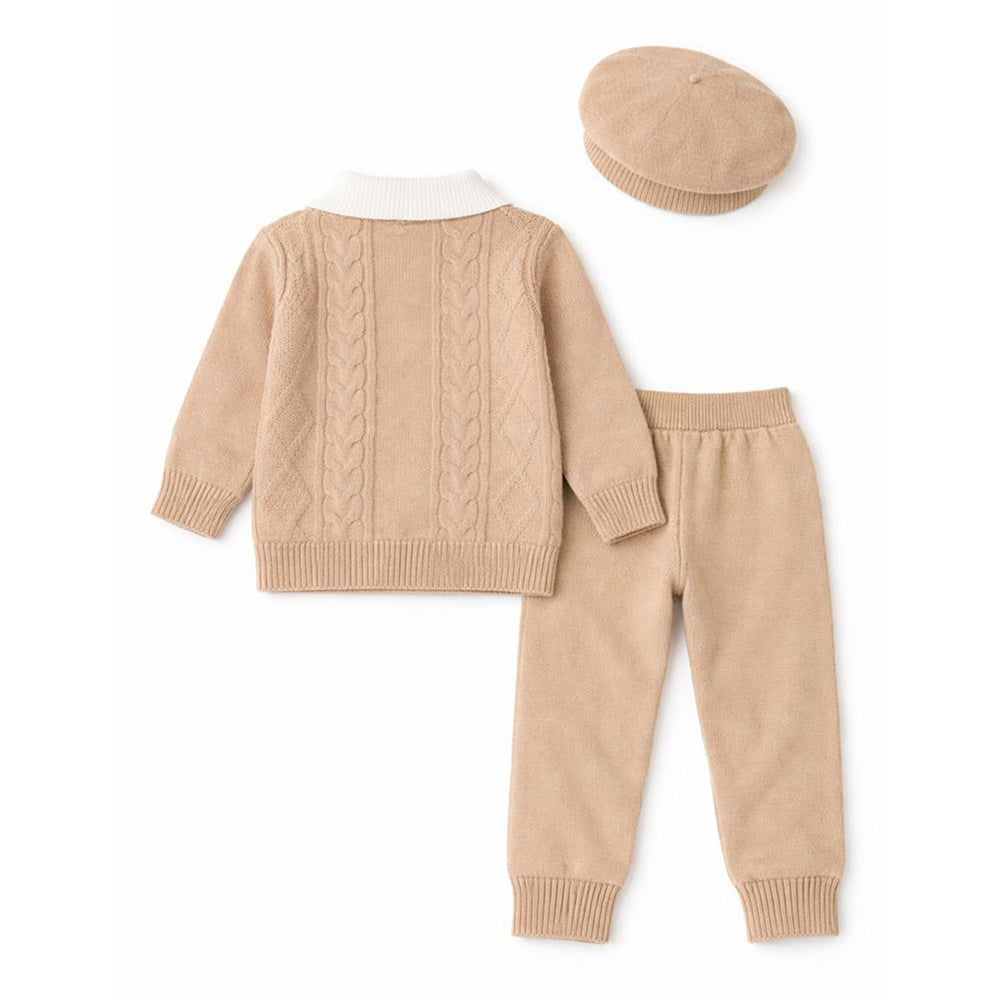2 Pcs Beige Cream Collar Winter Cardigan & Pants set with Beret-Style Cap for Infants